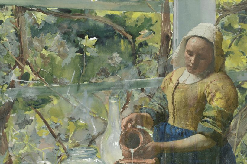 The Milkmaid among the bottles - Classic icon in a fresh watercolour style by Kleurenrijk