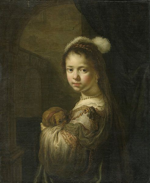 Ein kleines Mädchen mit einem Welpen im Arm, Govert Flinck von Meisterhafte Meister
