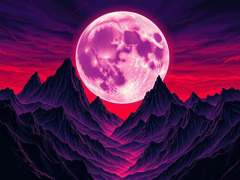 Ein neonrosa Mond, der die mystischen Gipfel erhellt von Artistic