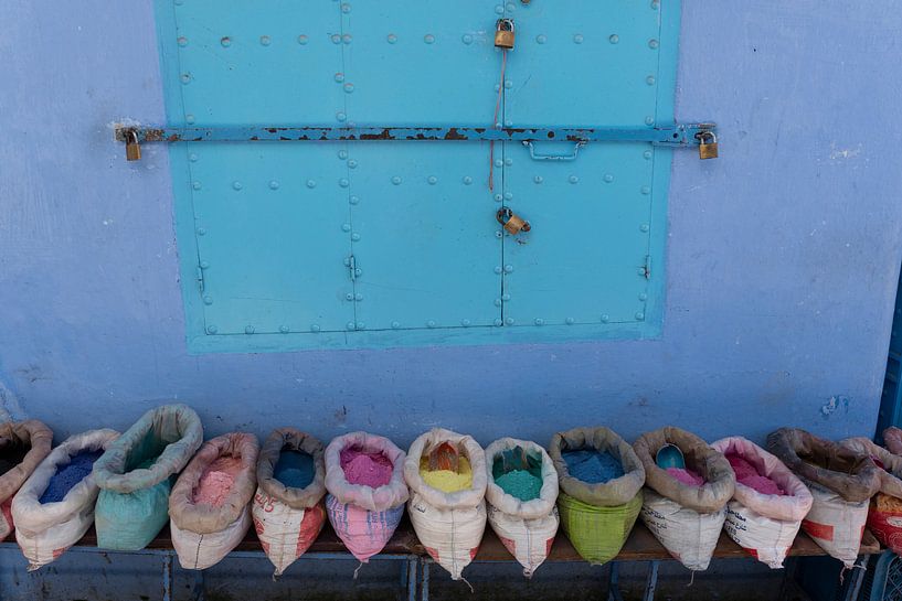 Colourful powder at a blue medina market in Chefchaouen, Morocco in Africa by Tjeerd Kruse