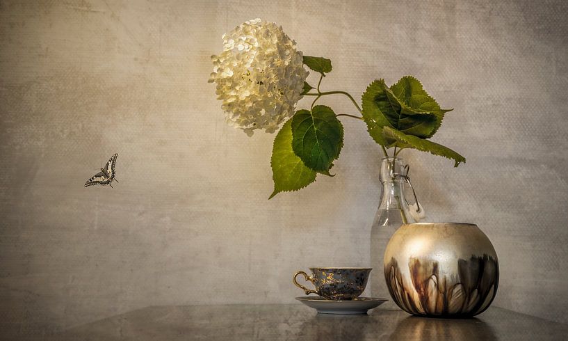 Still life. Flowers. Butterfly. Taupe and gold. by Alie Ekkelenkamp