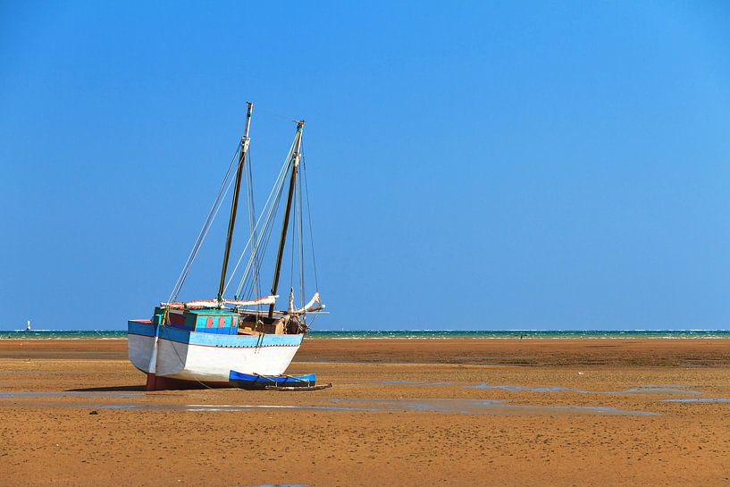Zeilboot op het strand in Morondava van Dennis van de Water