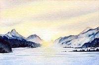 Paysage enneigé au coucher du soleil