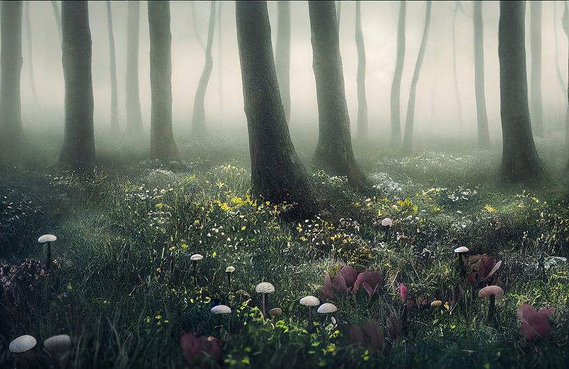 Fairytale Forest Painting Art with Fog, Illustration by Animaflora PicsStock