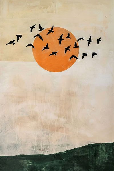 Vögel im Sonnenuntergang - Abstrakte Landschaft von Poster Art Shop