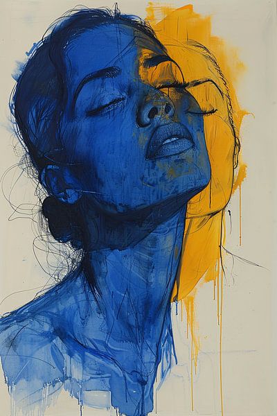 Abstrakte Porträts in Blau und Gelb von Art & Soul Creations