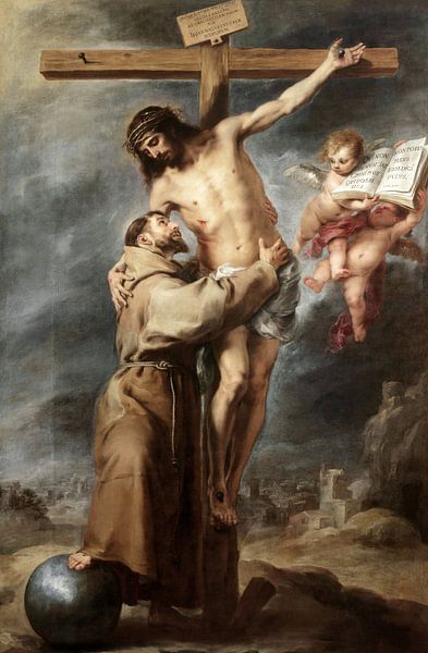 Bolome Esteban Murillo, Der heilige Franziskus umarmt Christus, 1669 von finemasterpiece