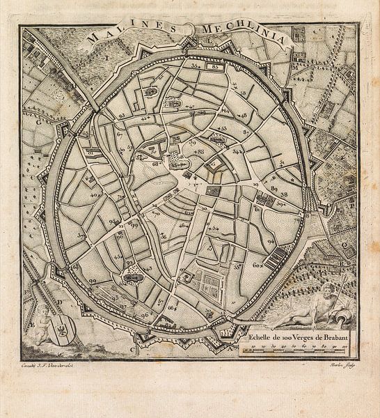 Old map of Mechelen from about 1775 by Gert Hilbink