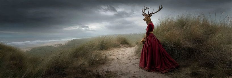 Cerf avec robe rouge dans un panorama de dunes par Digitale Schilderijen
