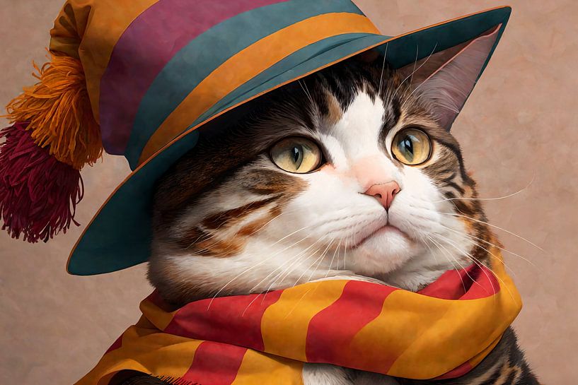 Cat with coloured hat and scarf by Hilde Remerie Photography and digital art