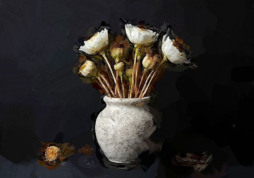 A still life classic portrait of a vase of white dried flowers. by J.a Dijkstra
