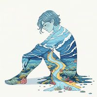 Oceanic serenity embodied by woman's form art