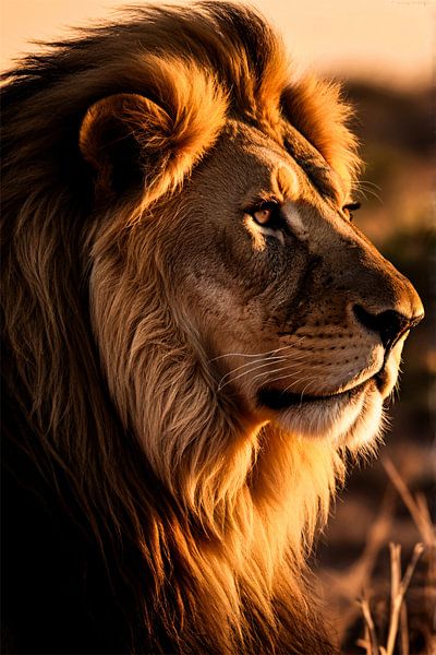 Lion dans un coucher de soleil doré par Art & Soul Creations