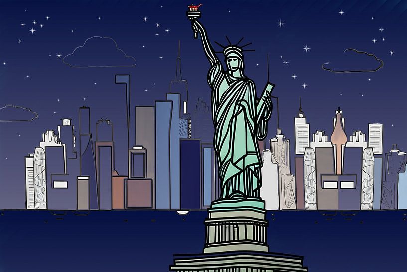 Manhattan mit Freiheitsstatue bei Nacht von Harmanna Digital Art