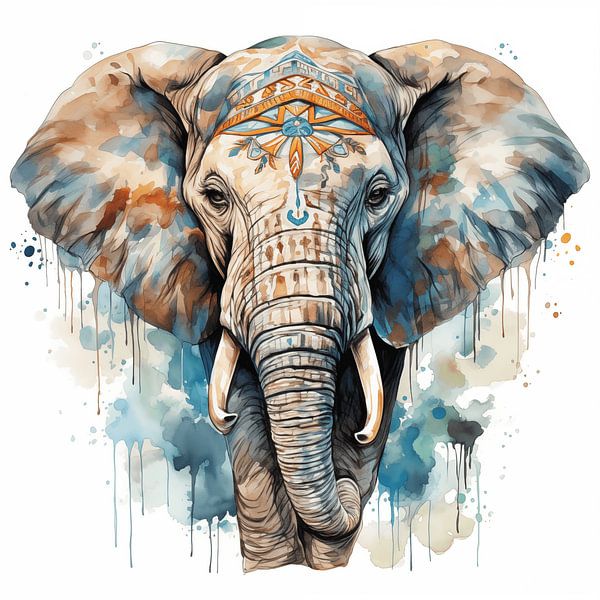 Portrait of an Indian elephant, watercolour art design and colourful headscarf by Animaflora PicsStock