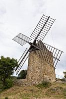 Alte, historische Windmühle in Grimaud mit dem Massif des Maures in Frankreich im Frühling, Côte d'Azur