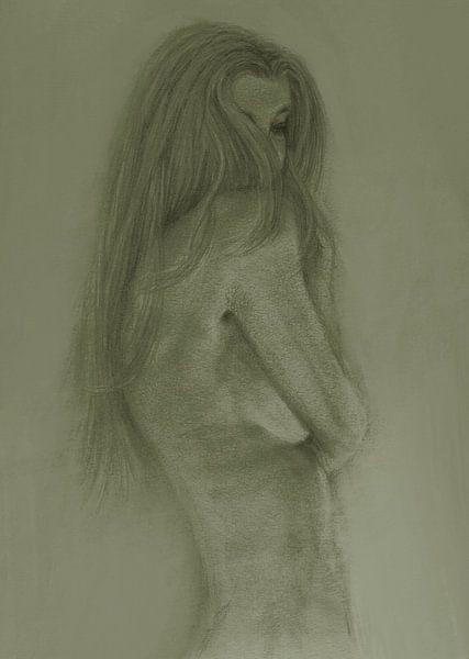 Skizze junge Frau, diskreter Akt, olivgrün von Krista Kitsz Art