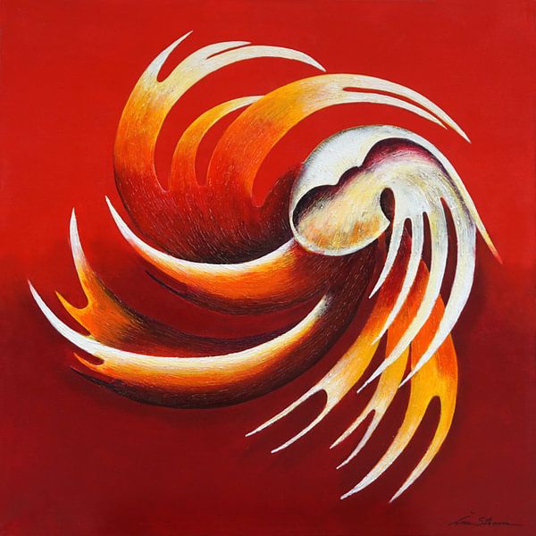 Dynamische sculptuur in rood, oranje en geel tinten by Ine Straver