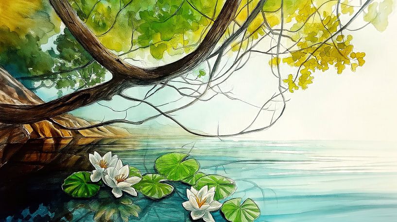 Weiße Seerosen auf ruhigem Frühlingssee von Frank Heinz