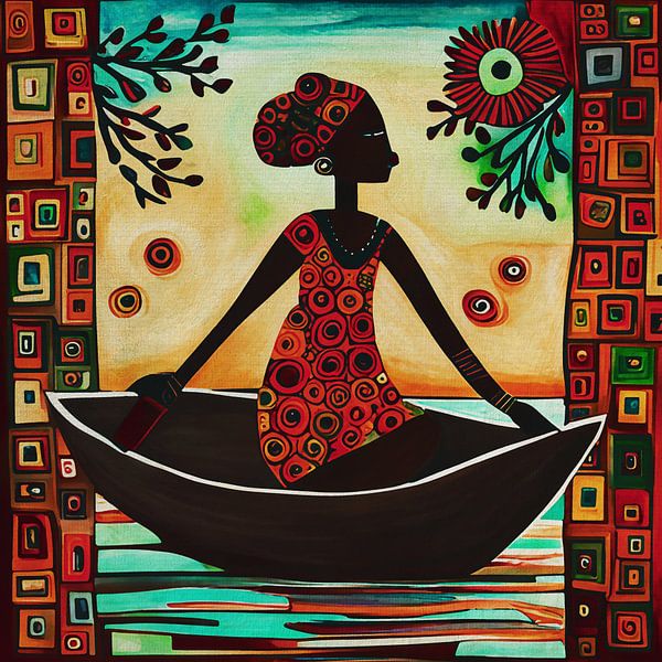 African girl in traditional clothes in a small boat by Jan Keteleer