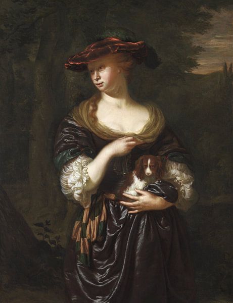 Woman Holding a Dog in a Landscape, Jan van Mieris by Masterful Masters