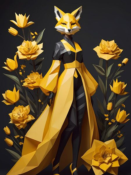 Low poly floral fox girl, schwarz und gelb von 1xMerch