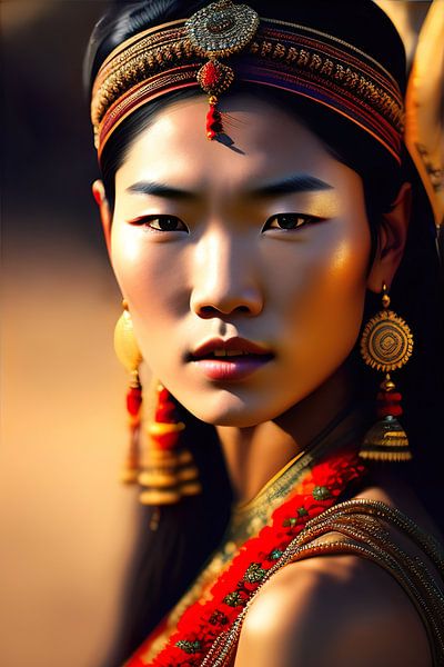 Asian lady III Ethnic portrait. digital painting of asian tribal lady with earth tone colors par Dreamy Faces