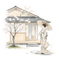 Japanese Woman with Parasol and Sakura