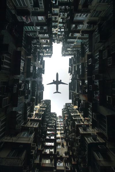 Avion au-dessus du paysage urbain par Poster Art Shop