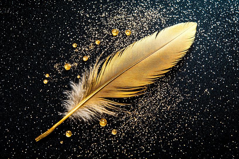Goldene Feder auf schwarzem Hintergrund von Imperial Art House
