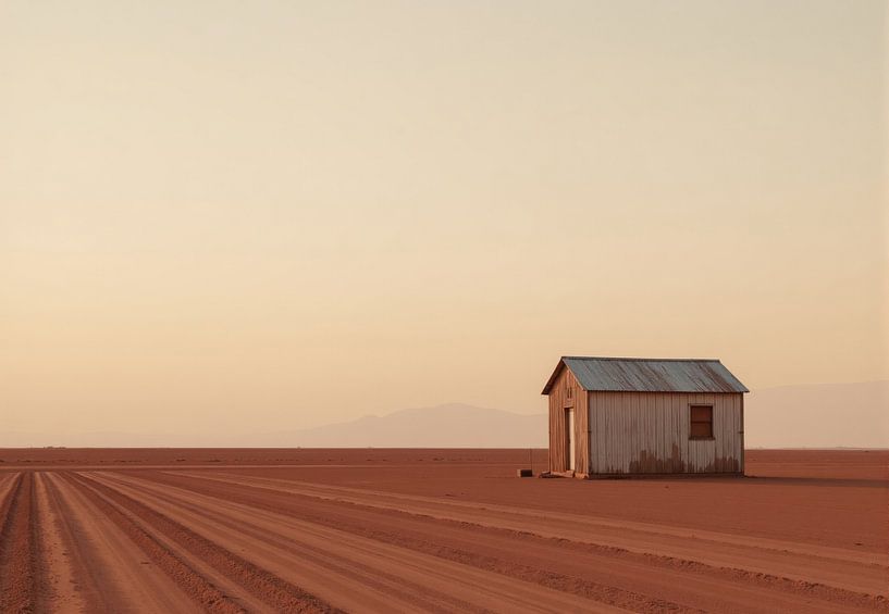 Bâtiment unique dans un paysage aride avec des traces de pneus par Markus Gann