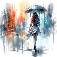 Dame mit Regenschirm in der Stadt