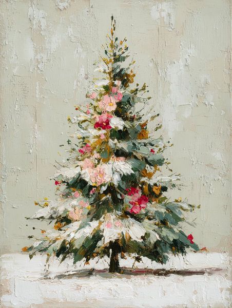 Klassischer Weihnachtsbaum mit rosa Blumen und Winterschnee im romantischen Ölgemälde-Stil von But First Framing
