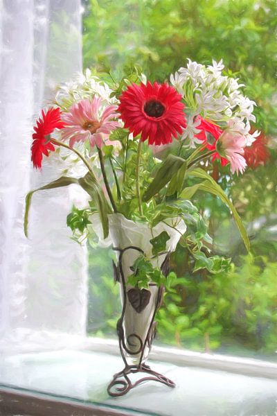 Vase with flowers on windowsill (watercolour) by Henk Egbertzen