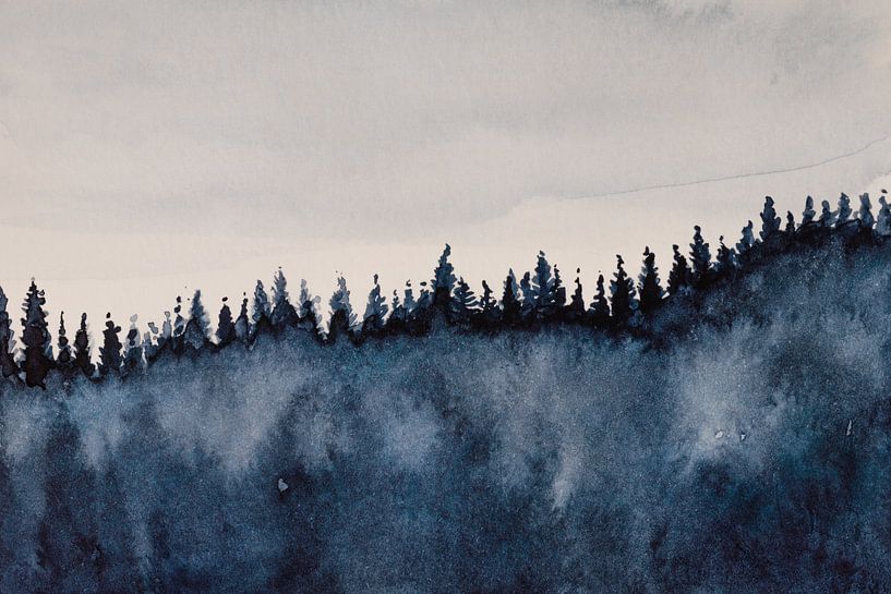 Brouillard dans la forêt d'aiguilles | Aquarelle par WatercolorWall