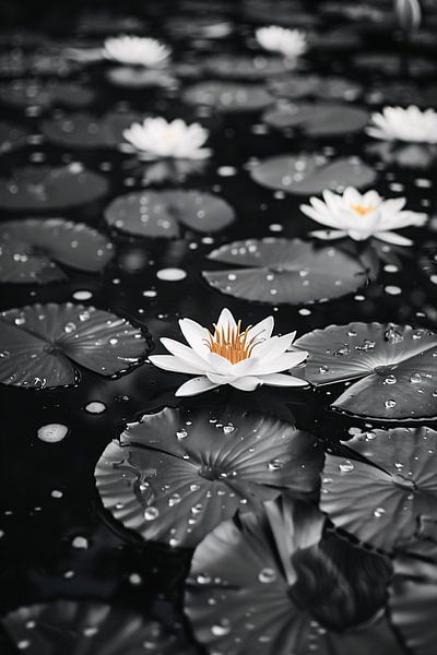 Schwarz-Weiß-Foto von Seerosen auf Wasser von Art & Soul Creations