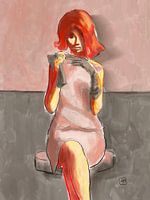 Elegant woman painting. Women with red hair.