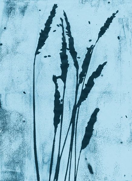 Brins d'herbe en bleu foncé sur fond blanc. Art botanique moderne et minimaliste. par Dina Dankers