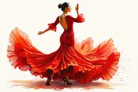 Junge Frau tanzt Flamenco in einem schönen roten Kleid