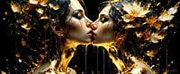 Deux femmes qui s'embrassent - Entre tendresse, or liquide et éternité en fleur, où les reflets se fondent et la métamorphose brille dans l'obscurité