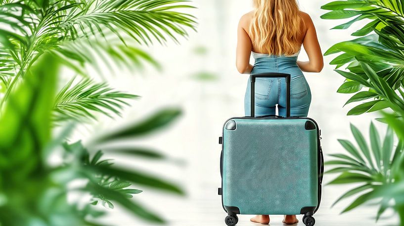 Une touriste blonde avec une valise dans un paradis tropical par Frank Heinz