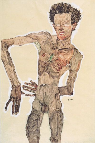 Grinning nude self portrait, Egon Schiele - 1910 by Atelier Liesjes