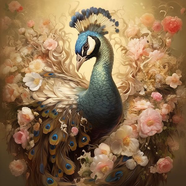 Beautiful Peacock amid blossoms by Emil Husstege