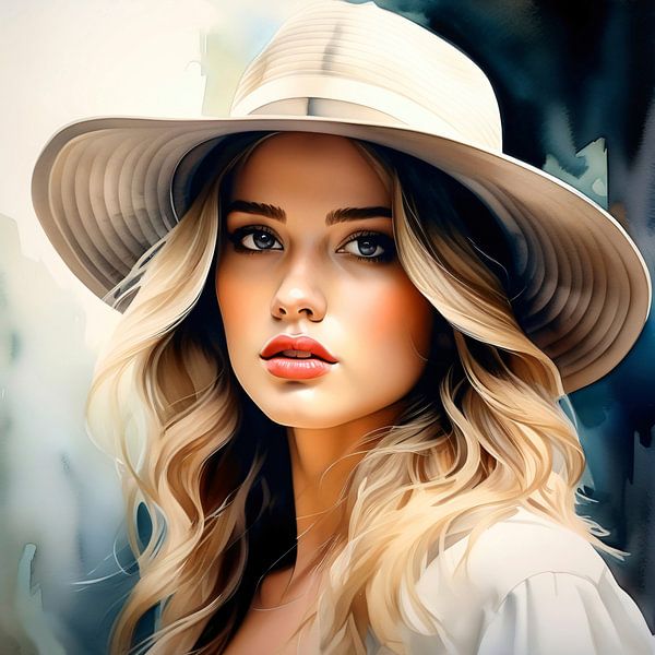 Junge Schönheit im weißen Kleid und Hut - Wasserfarben Portrait von A.D. Digital ART