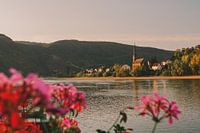 Golden Hour über ein typisches deutsches Dorf am Rhein.