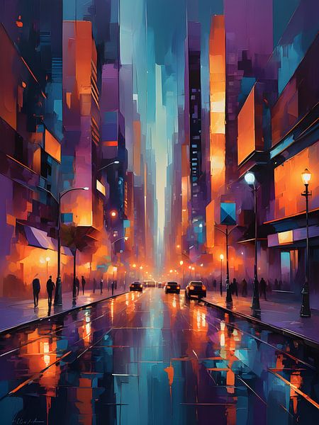 Bunte Lichter der Stadt tanzen auf nassem Asphalt von Bart Veeken