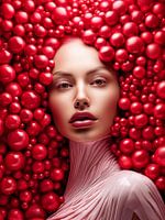 Frauengesicht umrahmt mit roten Kugeln