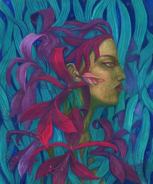 Amaryllis, Woman and Flowers, Pink &amp; Teal by Julia Khoroshikh