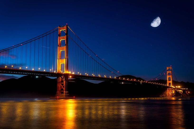 Golden Gate Bridge in San Francisco at night with moon by Dieter Walther