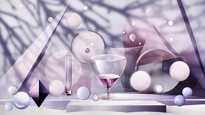Glass of wine in front of abstract winter shapes by Frank Heinz
